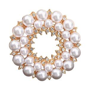 Elegant Pearl & Crystal Gold-Tone Circular Brooch Pin Jewelry